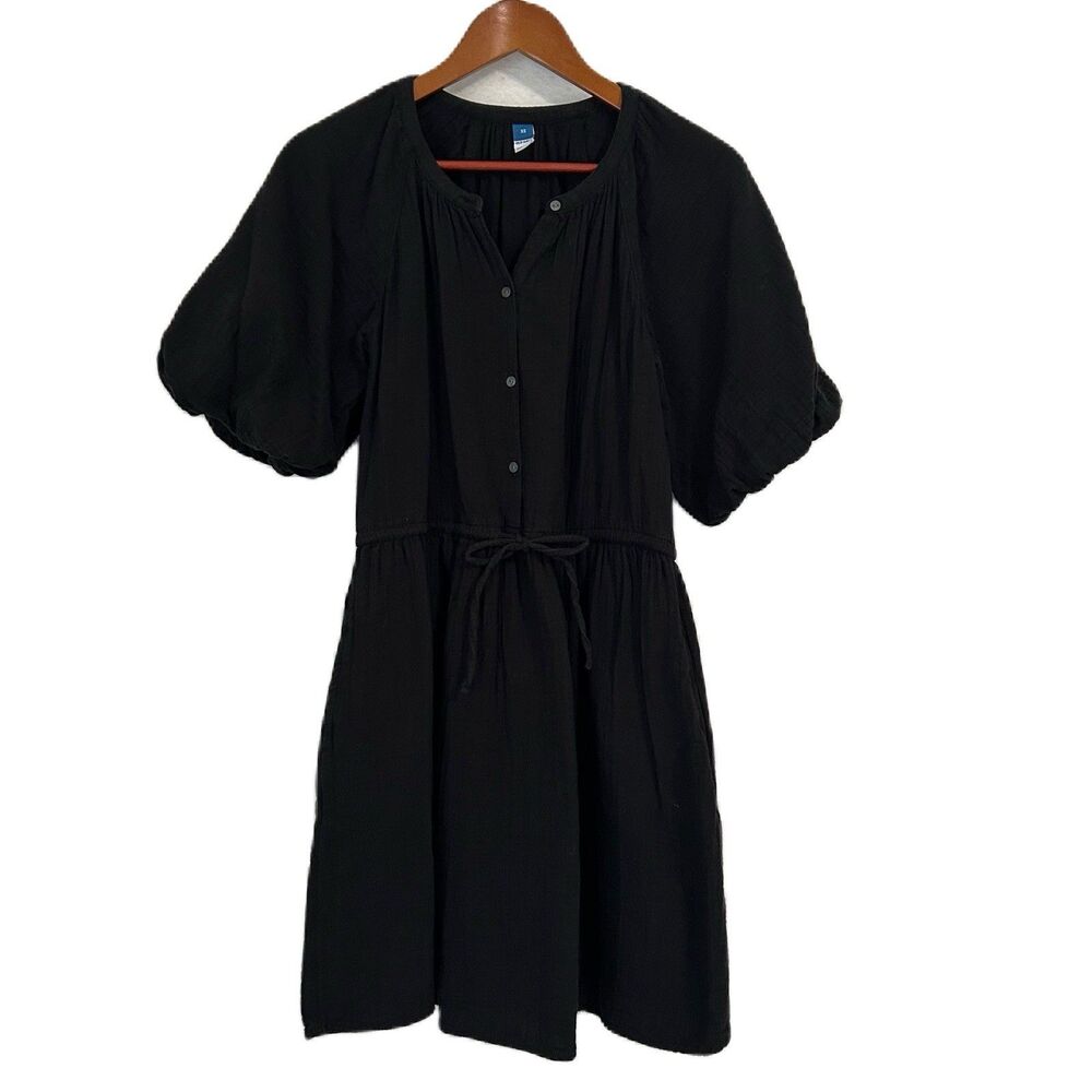 Old Navy Dress Women XS Black Gauze Drawstring Pocket Cottage Beach Boho Casual